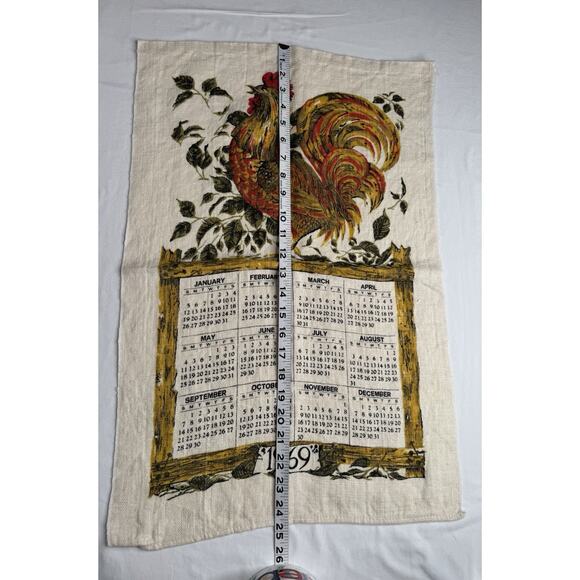 Vintage Linen Tea Towel 1969 Calendar Rooster Red Green 25”X 16” - Picture 5 of 6